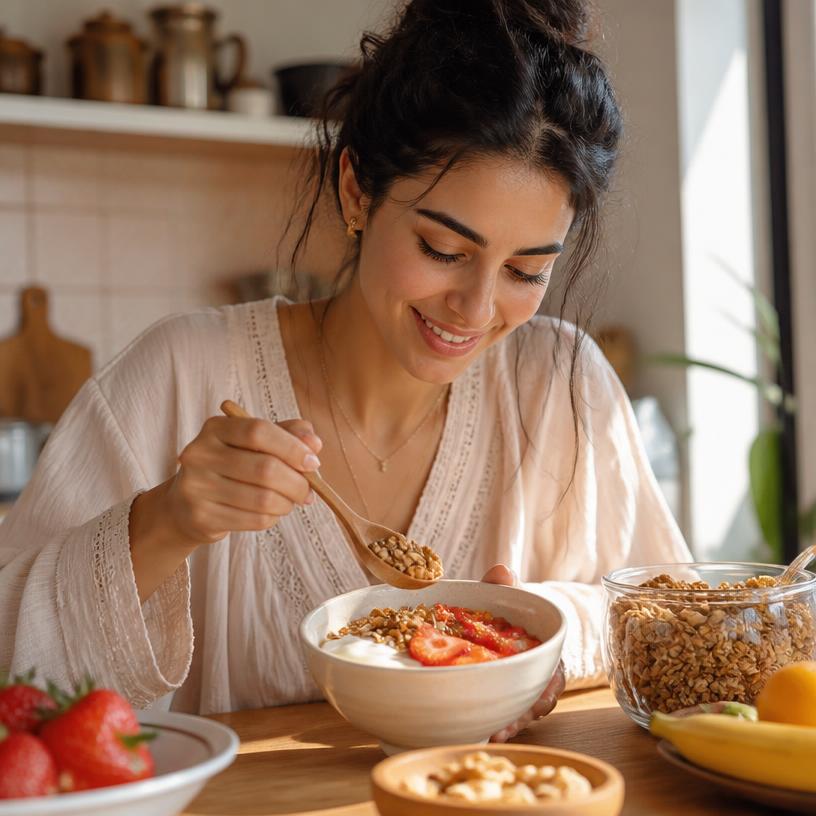 Mon bol du matin : yaourt, fraises et une bonne poignée de granola.