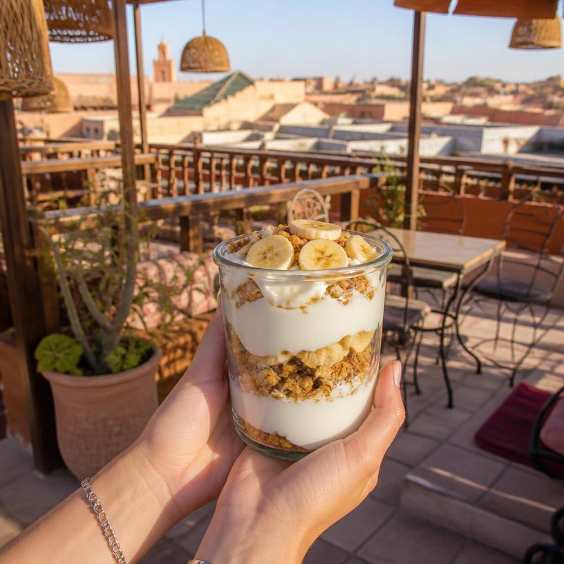 Parfait yaourt-banane préparé la veille, parfait pour la terrasse.