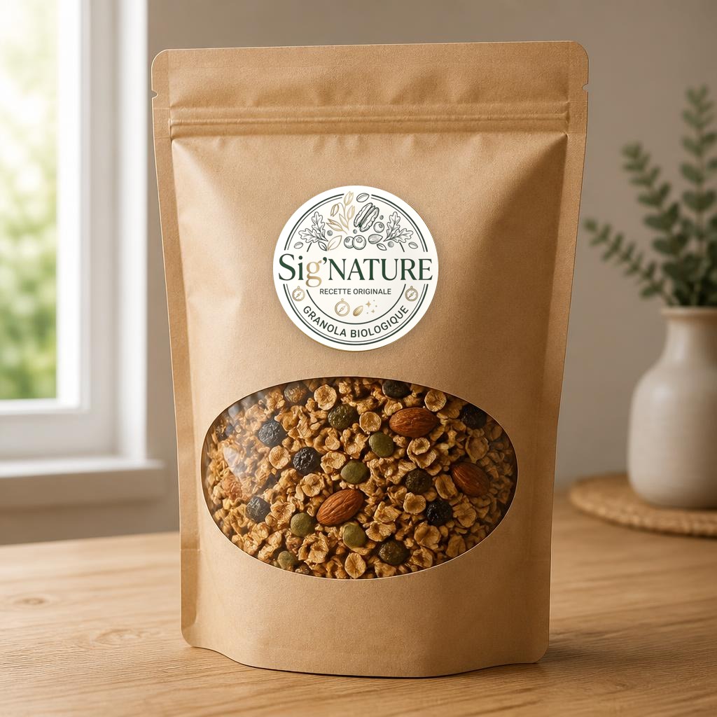 Grand doypack kraft Sig'Nature de 450 g, format familial, avec fenêtre transparente et étiquette ronde vert sauge