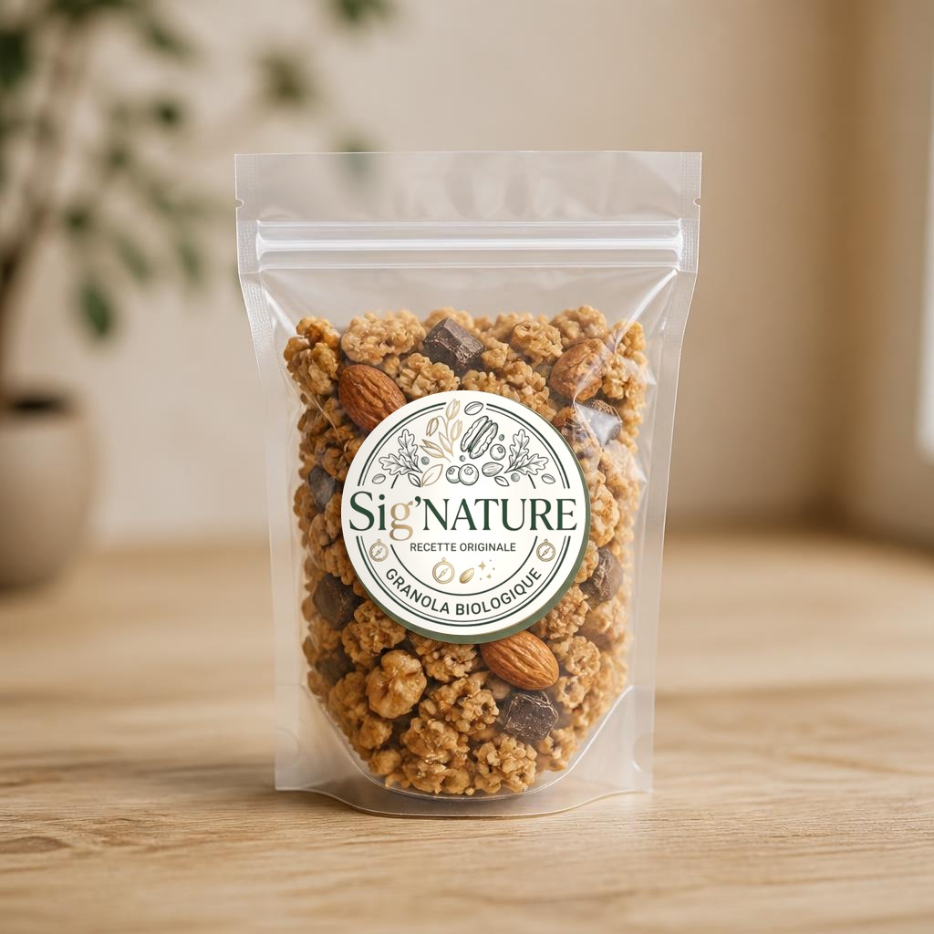 Sachet transparent refermable de 45 g de granola Sig'Nature sur une table en bois