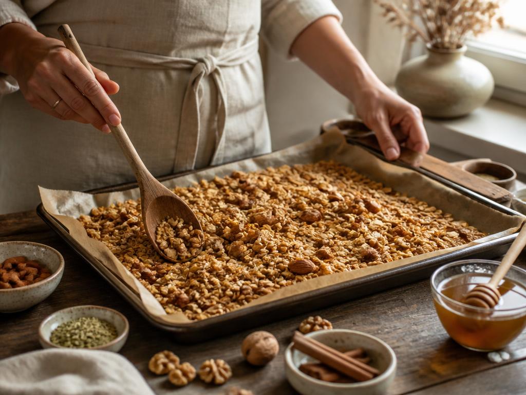 Préparation artisanale du granola Sig'Nature : mélange à la cuillère en bois sur une plaque de cuisson, miel, cannelle et fenouil beldi